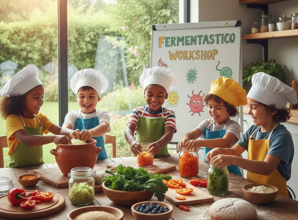 Five cheerful children in chef hats and aprons happily participate in a Fermentastico workshop in a sunlit, rustic kitchen, chopping vegetables and placing them in jars, learning about food preparation and fermentation.