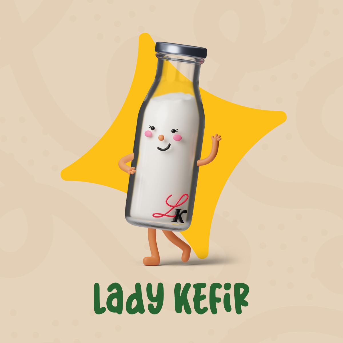 A bottle of milk with the microbe responsible for the fermentation of kefir waives a hand. Under her the name Lady Kefir